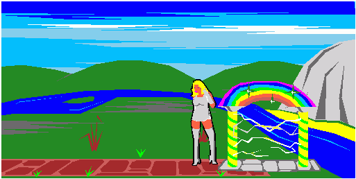 Picture of a woman and a rainbow portal.